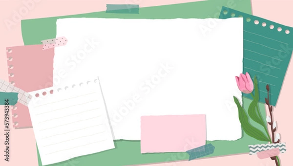 Obraz Scrapbook composition with notes paper, tapes and flowers elements. Page for stories in spring style