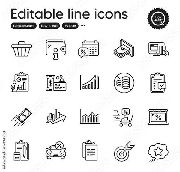 Fototapeta Set of Finance outline icons. Contains icons as Graph chart, Market and Online payment elements. Loyalty star, Card, Growth chart web signs. Wallet, Fast payment, No cash elements. Vector