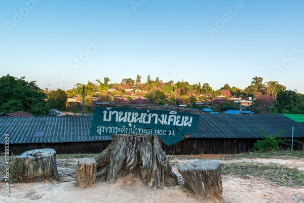 Fototapeta Ban Khun Chang Khian 1,400 meters above sea level in Thai language sign named in Thai Language, Chiang Mai, Thailand...