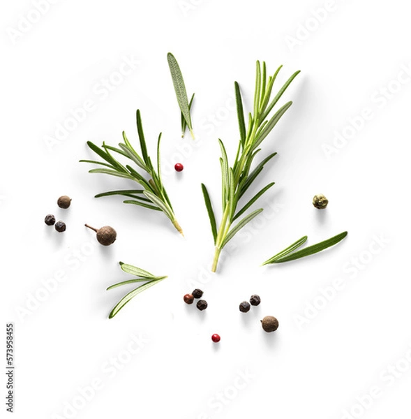 Obraz Świeże zielone organiczne liście rozmarynowe i Peper na białym tle. Przezroczyste tło i naturalny przezroczysty cień; Składnik, przyprawa do gotowania. Kolekcja do projektowania