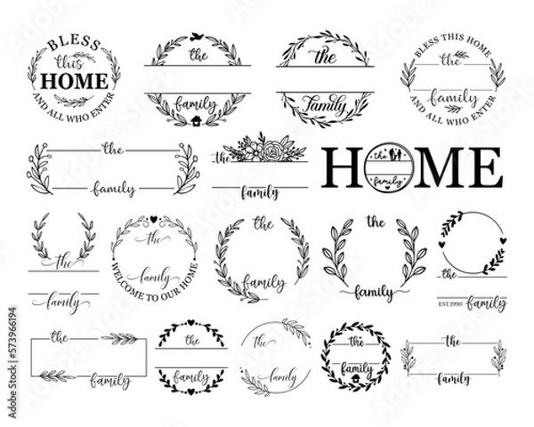 Obraz Hand lettering Family name monogram split set monogram the family welcome home sign wedding floral ornament wreath border frame greeting card invitation