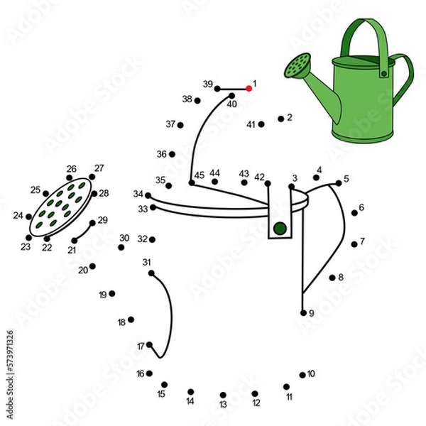 Fototapeta Dot to dot game with cartoon Watering Can. Connect the dots by numbers and finish picture. Education Game with answer for kids. Coloring Page with cute vector Garden inventory. Practice counting to 45