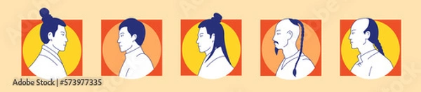 Fototapeta Ancient asian men vector flat icons set. Chinese character with different hairstyle. Profile portraits. Hand drawn trendy logo design illustration. Bright history print, poster, t-shirt retro style