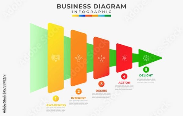 Fototapeta Modern Sales Level 5 step funnel diagram, presentation vector infographic. Infographic template for business.