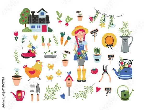 Fototapeta Vector set of illustrations of garden objects and a cute girl in a hat in a flat style. Set of garden accessories, garden house, seedlings, potted flowers, kettle with flowers, vegetables, chicken 