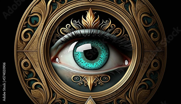 Fototapeta all-seeing human god eye on mystic background, new quality universal colorful joyful sacred stock image illustration design generative ai	