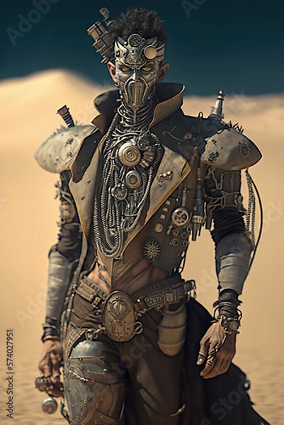 Fototapeta Dystopian Character. Futuristic cyborg fighter. Post apocalyptic warrior. 
Generative AI.