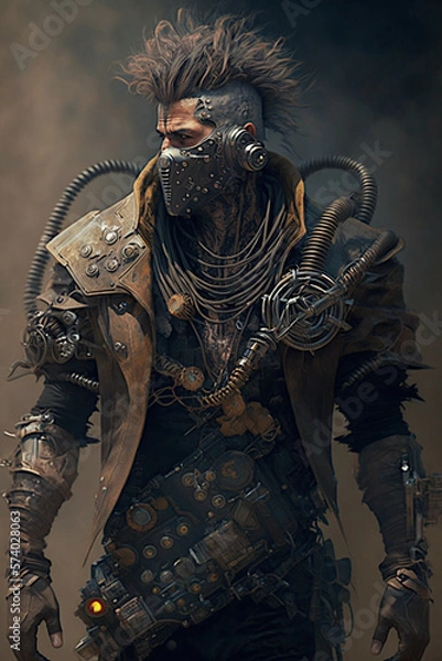 Fototapeta Dystopian Character. Futuristic cyborg fighter. Post apocalyptic warrior. 
Generative AI.