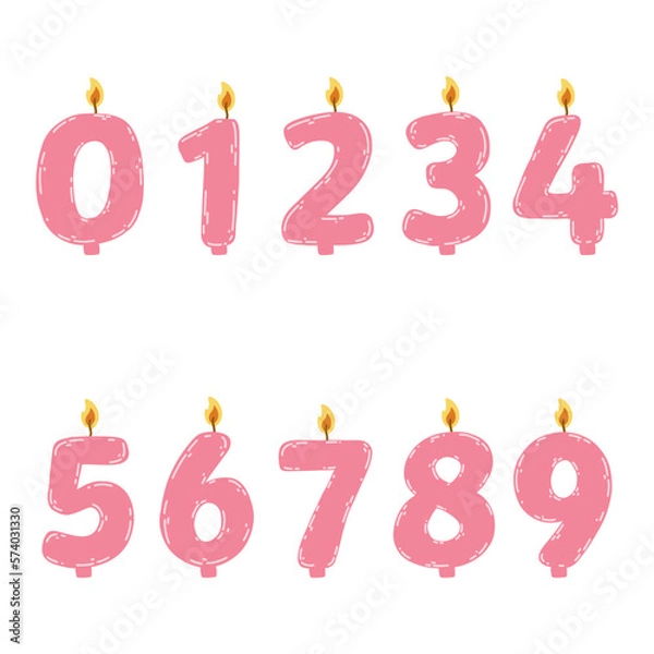Fototapeta Hand drawn birthday candles numbers with burning flame. Vector illustration of design element for birthday cakes in flat style