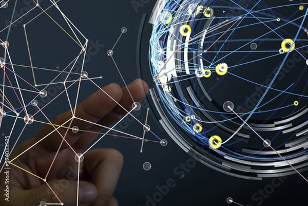 Fototapeta Global network. Blockchain. 3D illustration. Neural networks and artificial intelligence. Abstract  - connection