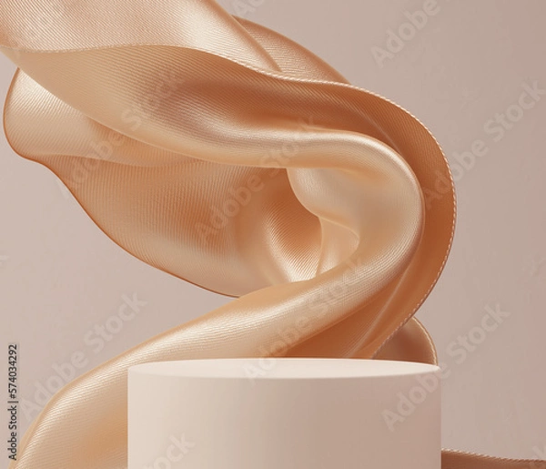 Fototapeta product display podium and cloth, geometric round platform, 3d rendering background, stand and golden fabric texture. Showcase pedestal beige pastel color.