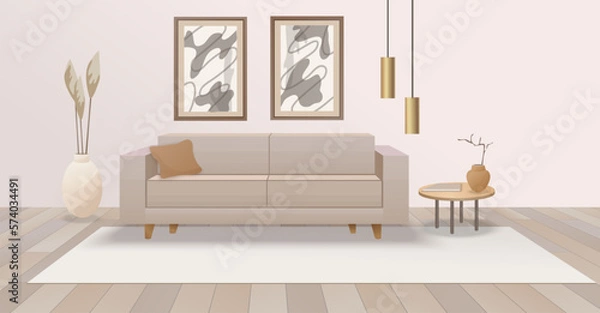 Fototapeta Illustration modern home interior in beige color with ethnic boho decoration. Vector mockup apartment design living room furniture sofa, table, lamps, abstract paintings on the wall. 