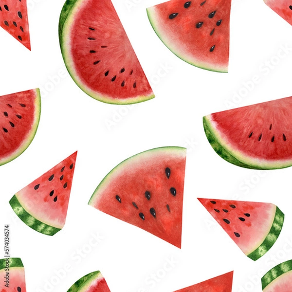 Fototapeta Lovely seamless pattern with whole and sliced piece of water-melon painted with watercolor isolated on white background.	
