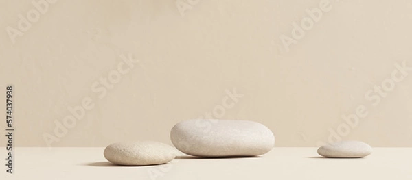 Fototapeta Wellness spa product display background, pastel color pebbles podiums for natural cosmetic packaging design mockup. 3d rendering scene natural products presentation