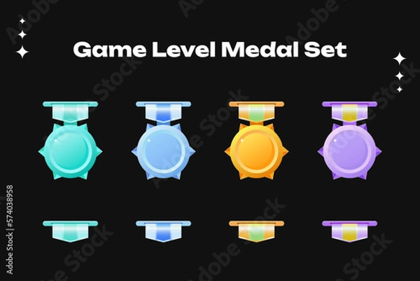 Obraz Set of Game rating icons with medals. Gold, silver, and bronze medals were awarded for the game. Vector illustration of a round asset for game design. Vector illustration of an award. Game medals.