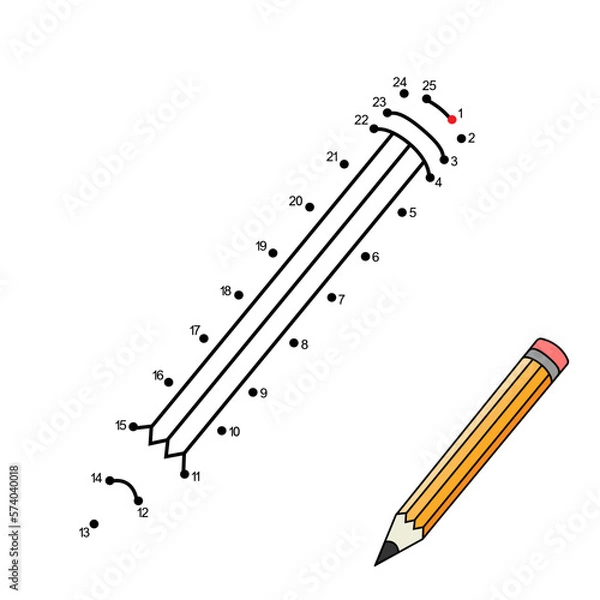 Fototapeta Realistic yellow wooden pencil with rubber eraser. Dot to dot game. Connect the dots by numbers and finish picture. Coloring Page with cute pen. Logic Game for kids. Practice counting to 25.