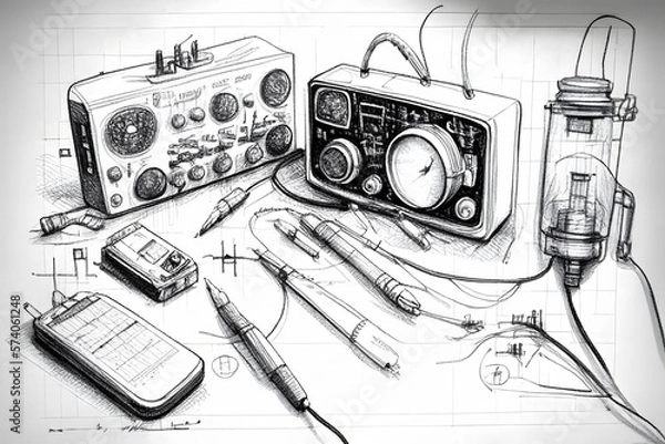 Fototapeta Czarno-biały szkice stołu, na którym znajduje się radiotelefon związany z komunikację Generative AI