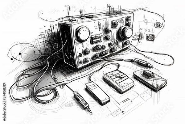 Fototapeta Czarno-biały szkice stołu, na którym znajduje się radiotelefon związany z komunikację Generative AI