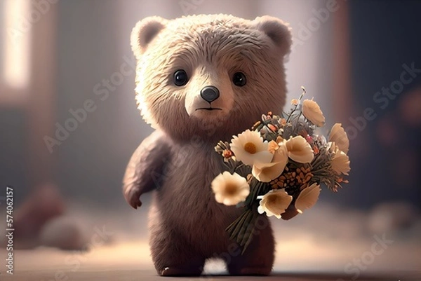 Obraz Cute teddy bear sits on the floor, bouquet of flowers in a vase, birthday card, March 8, bear and flowers, realistic style, generated with AI
