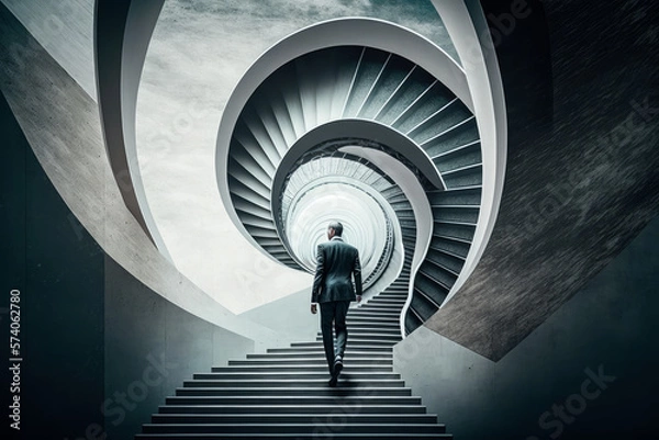 Fototapeta Business man walking up abstract spiral shaped stairs that loop in infinity, generative AI