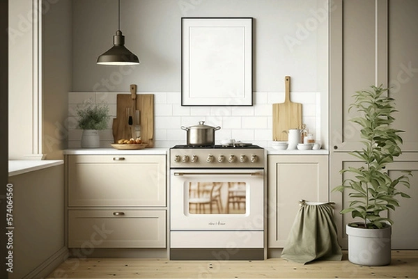 Obraz Mock up poster frame in modern beige Kitchen Scandinavian style