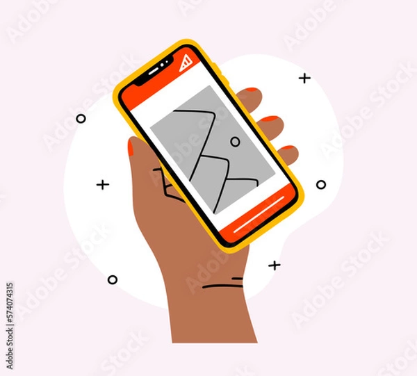 Fototapeta Hand holding smartphone with photo icon on smartphone screen. Multimedia, photo album application concept. Modern simple flat design for web banners, website, infographics. Creative vector 