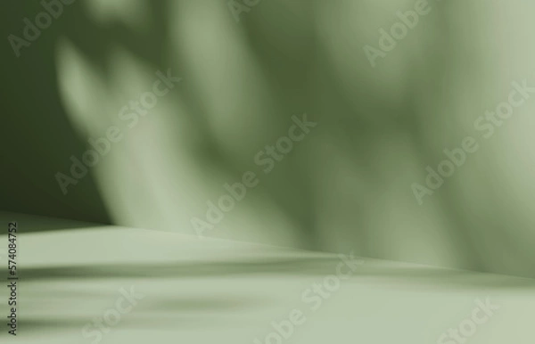 Fototapeta 3D background display, natural tree leaf shadow pastel green backdrop. Nature product promotion beauty cosmetics . Nude Studio Minimal showcase 3D render advertisement.	