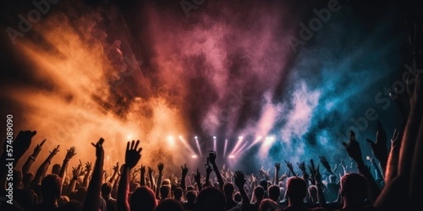 Fototapeta Vibrant concert crowd with hands raised and colorful light beams, generative ai