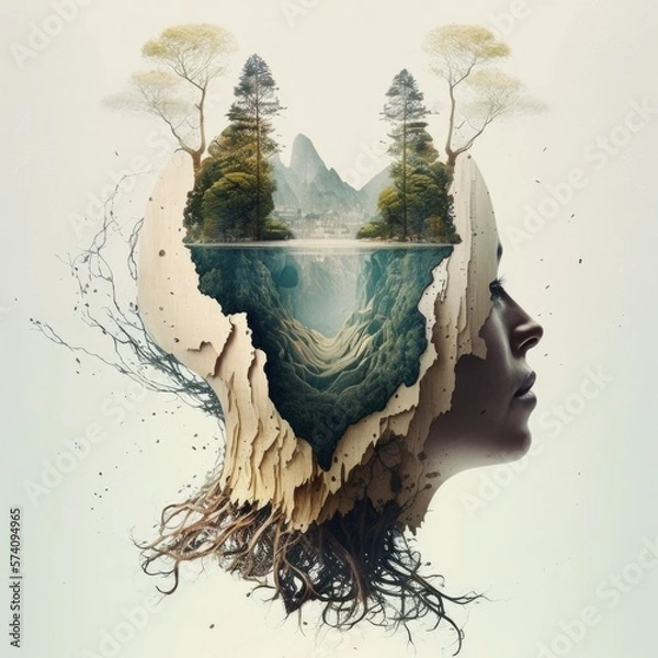 Fototapeta relaxing mind abstract double exposure, calm green nature earth with human head, generative ai, tree roots