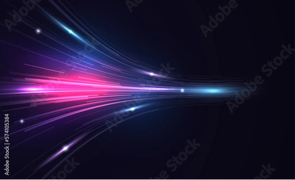 Fototapeta Modern abstract high speed light effect. Technology futuristic dynamic motion. Glow of bright lines of transport vehicle drive on road highway. Vector illustration
