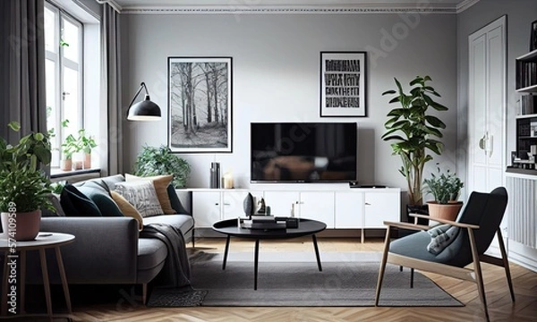Fototapeta Stylish bright living room in Scandinavian style, Frame mockup, generative AI