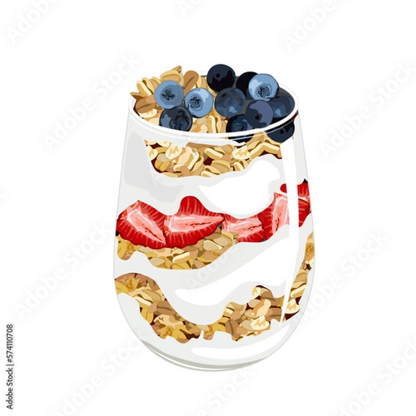 Obraz yogurt parfait with fruits and granola. Low calorie food.Healthy food hight nutrition and low fat menu. Authentic breakfast menu vector drawing illustration on white background.