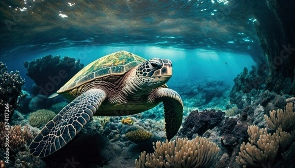 Fototapeta green sea turtle swimming underwater, underwater coral reef, clear ocean water seabed with tortoise generative ai,