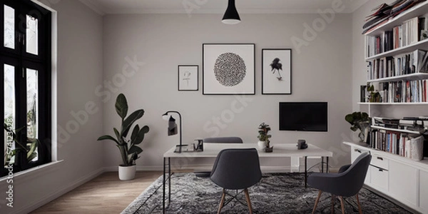 Fototapeta mock up poster frame in boho interior background, wooden living room design, Scandinavian style. Generative AI illustration