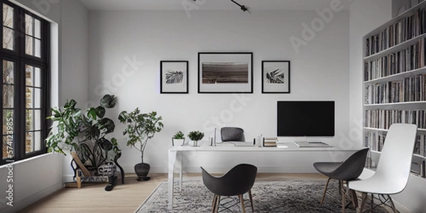 Fototapeta mock up poster frame in boho interior background, wooden living room design, Scandinavian style. Generative AI illustration