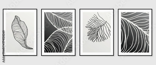Obraz Abstract wall art background vector set. Botanical leaves drawing lines contour with black and white monochrome texture. Design illustration for home decoration, cover, poster, banner, wallpaper.