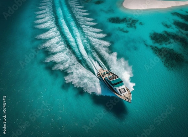 Fototapeta Aerial view of the speed boat in the sea clear blue water ,Generative AI
