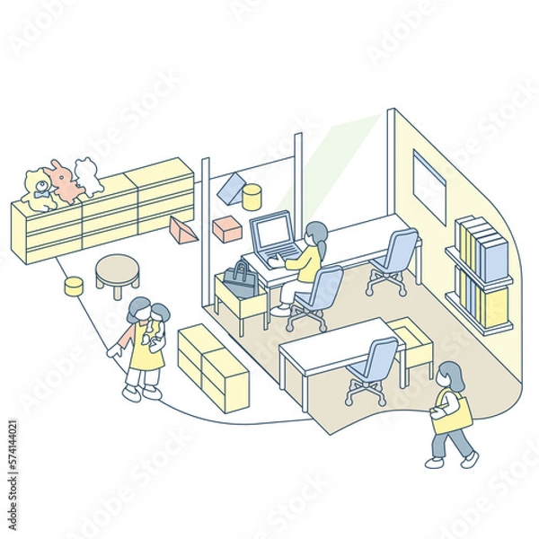 Obraz 託児所と仕事場が隣に面している室内。安心して働くということ