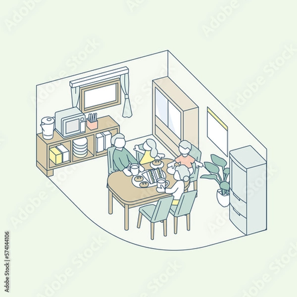 Obraz 家の中のリビングキッチン。食事を楽しむ家族