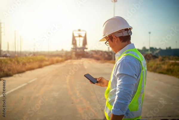 Fototapeta Men Engineer using mobile phone and holding tablet for inspecting and working at construction site