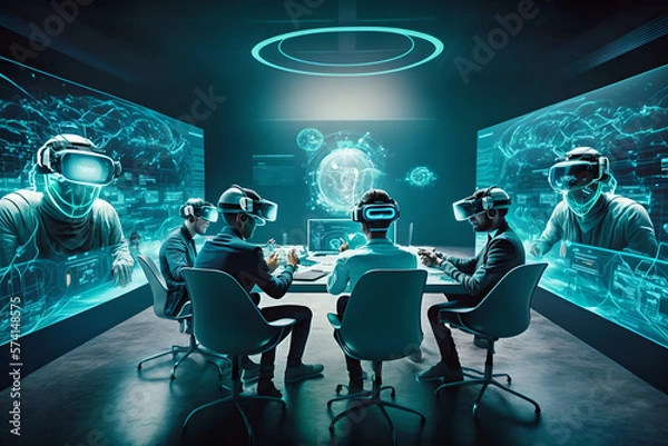 Fototapeta Scientists working in an amazing holographic lab to solve the mysteries of disease, cancer and the universe. Blue spheres and 3D data are all around. The future of science and work office