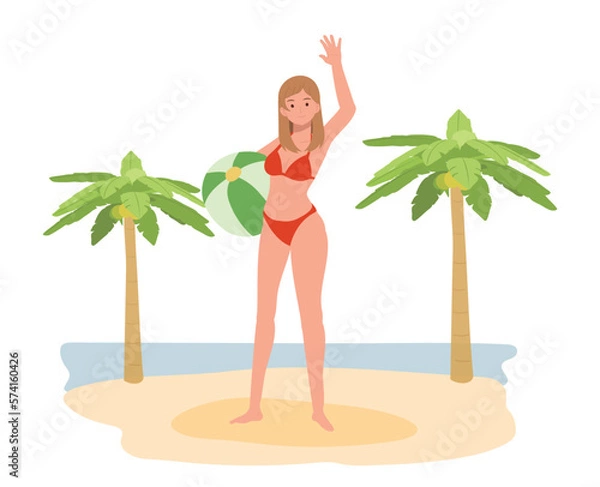 Fototapeta summer beach vacation theme. girl in bikini holding beach ball on the beach. background with sea, coconut trees. Flat Vector illustration