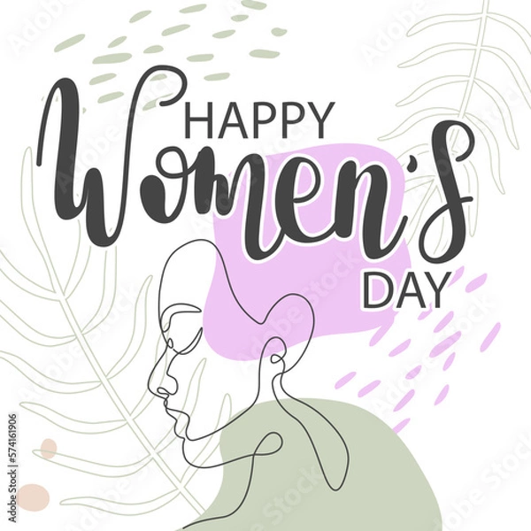 Fototapeta Happy Women's Day greeting card. Hand drawn vector line calligraphy. Elegant banner with women's day. Template for poster, postcard, banner.