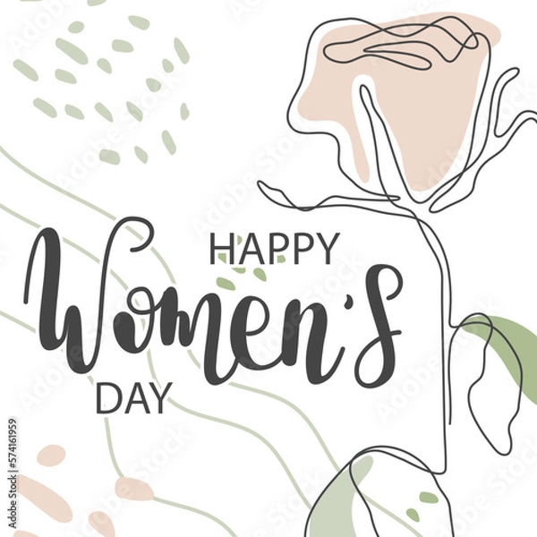 Fototapeta Happy Women's Day greeting card. Hand drawn vector line calligraphy. One rose flower. Elegant banner with women's day. Template for poster, postcard, banner.