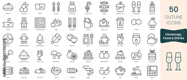 Fototapeta Set of christmas food and drinks icons. Thin linear style icons Pack. Vector Illustration