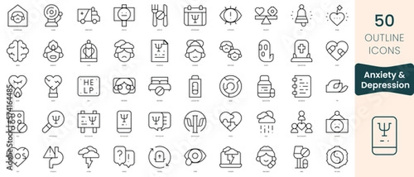 Fototapeta Set of anxiety and depression icons. Thin linear style icons Pack. Vector Illustration