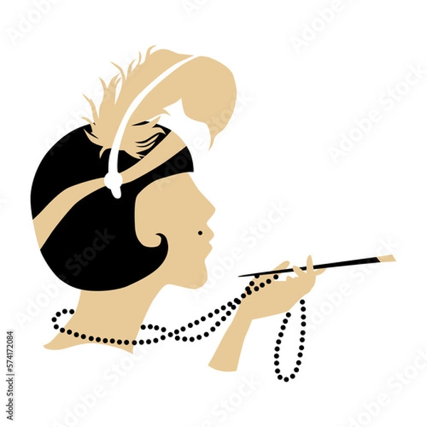 Fototapeta Dziewczyna w stylu Gatsby. Styl w stylu art deco. Piękna dziewczyna z krótką fryzurą i papierosem w ustniku. Ilustracja wektorowa izolowana na białym tle do projektowania.