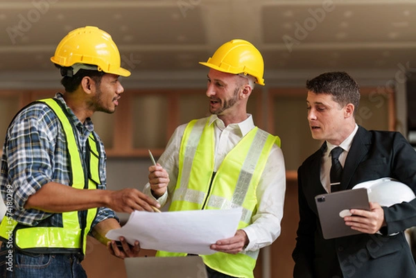 Fototapeta Civil Construction team working at renovate construction site. architectural plan, engineer sketching a construction project, green energy concept.