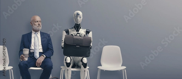 Fototapeta Man and AI robot waiting for a job interview