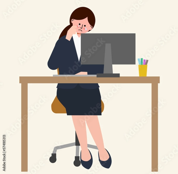 Fototapeta 新入社員の女性がデスクのパソコンの前で泣いているイラスト